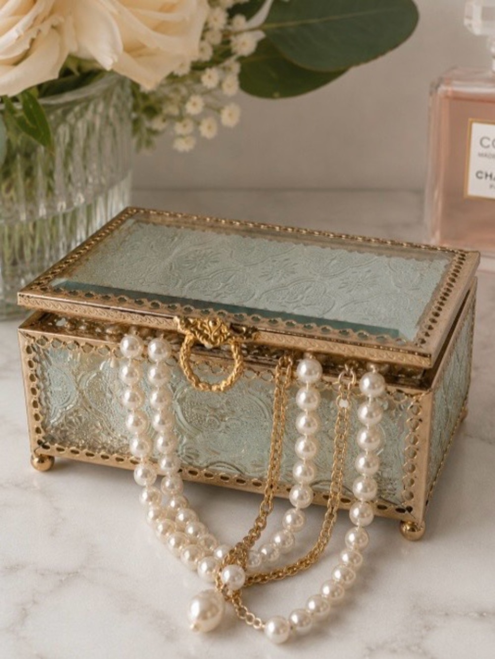 Nicole Miller Home Rose Gold Jewelry Box Beveled Glass Hinged Lid Ornate Vanity